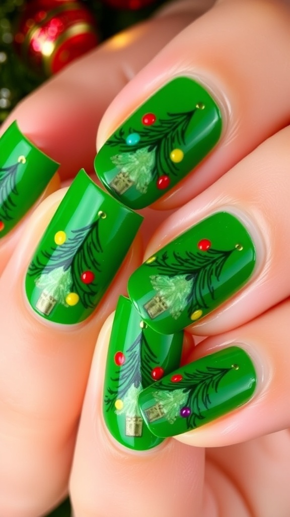 Close-up of green Christmas tree nail art with colorful ornaments.